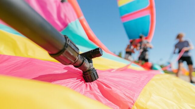 Kiteboarding kite bladder being inflated in sharp focus and blurred equipment testers behind. Concept of watersports equipment testing.