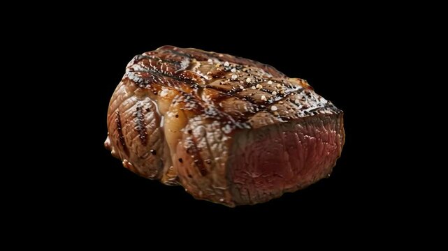 A thick, grilled beef steak with visible sear marks and a tender medium-rare red center sits centered on a solid black background. Excellent for steakhouse menus, culinary commercials, and food delive