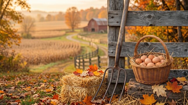 Rustic autumn farm scene with fresh eggs in a basket, hay bales and pitchfork. Countryside harvest, organic farming and seasonal agriculture concept