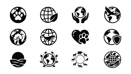 Black and white globe icon with paw prints © NasimaAktar