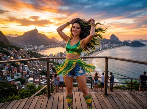 Smiling woman with long hair wearing green and yellow fringe and denim shorts posing on a wooden observation deck overlooking rio de janeiro at sunset with mountains and ocean in the background