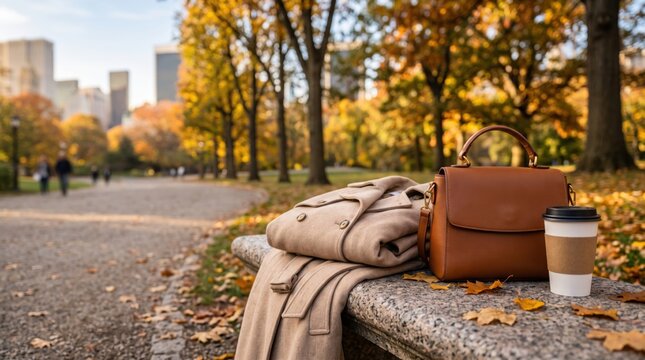 Autumn fashion accessories with handbag, coat and takeaway coffee on a park bench. Cozy fall lifestyle, seasonal style and urban outdoor fashion concept