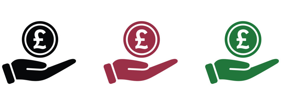 hand holding pound sterling coin icons for financial and business concepts