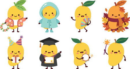 Fototapeta premium Cute Seasonal Mango Characters Celebrating Holidays Graduation Music and Festive Occasions