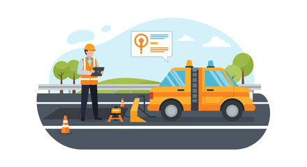 Naklejka premium Highway engineer diligently collecting data and performing site surveys on a road project