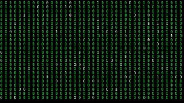 Abstract digital background with green binary code numbers on a black screen.