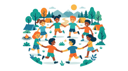 Naklejka premium Children hold hands in a circle while playing outside at a summer camping site in the forest.
