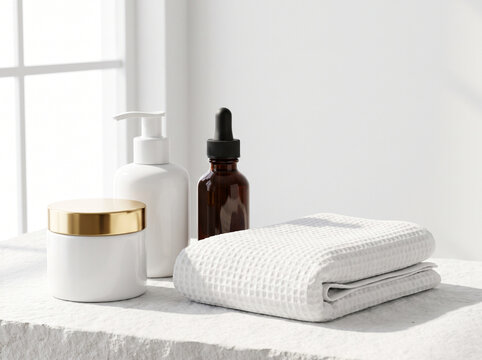 Luxury Skincare Grooming Set with Ceramic Jars on White Surface