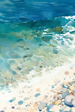 Vertical pebble beach with shallow water watercolor illustration. Overhead view of clear blue and turquoise ocean. Underwater pebbles
