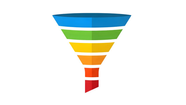 Colorful marketing sales funnel diagram with five distinct layers representing stages of a business conversion process for data analysis and strategy planning in a flat vector style