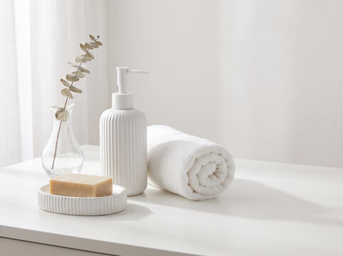 Luxury White Bath Accessories Set with Soap and Towel on White Surface