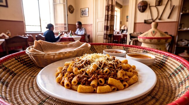 Traditional Eritrean Macaroni Pasta with Minced Beef and Cheese Served in a Cultural Restaurant Setting