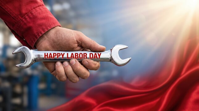 Hand holding a wrench with Happy Labor Day message. Celebration of workers, labor rights, fair employment, trade unions, skilled professions and workforce appreciation concept. Copy space