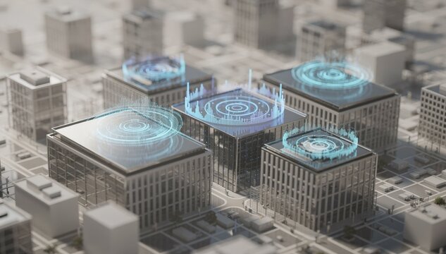 Interactive 3D map with focused AI algorithms adjusting frequencies on building rooftops featuring an artfully blurred cityscape to enhance depth.
