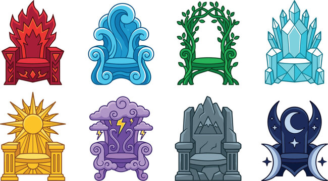 Fantasy Elemental Throne Collection with Fire Water Nature Ice Sun and Moon Designs