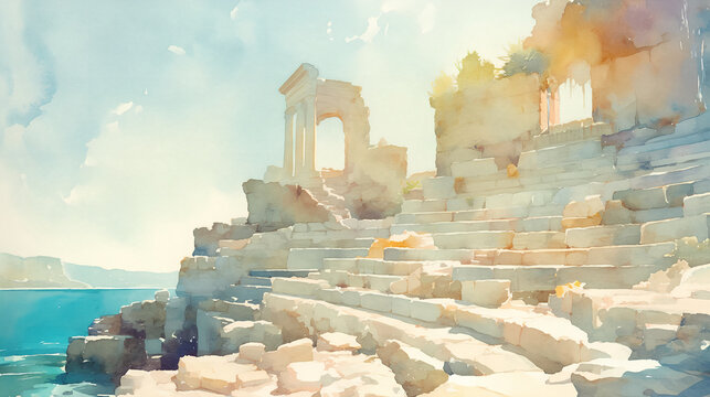 Roman amphitheater ruins watercolor illustration. Ancient tiered steps and arches overlooking the Mediterranean Sea. Sunny historical landscape