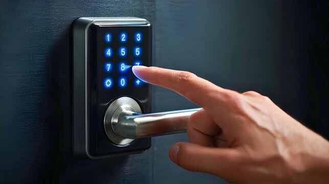 Close-up photorealistic smart home scene featuring a medium-toned hand pressing an illuminated blue keypad button on a sleek black digital door lock, brushed silver handle visible beside the keypad, 