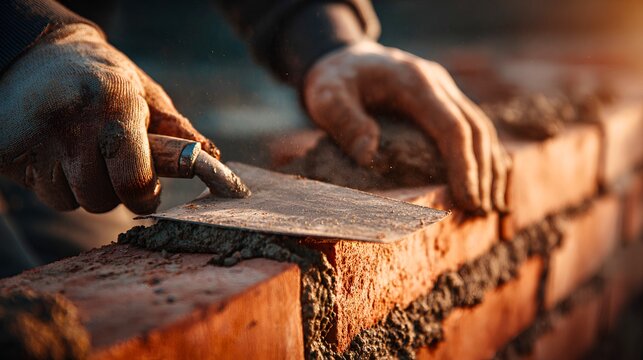 Close-up photorealistic bricklayer applying fresh mortar with a polished steel trowel onto a row of red clay bricks, detailed hands covered with fine construction dust, rich mortar texture 