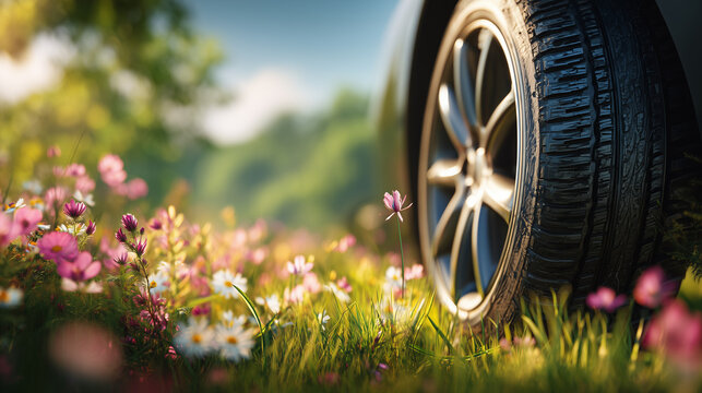 Close-up of a modern car tire surrounded by colorful wildflowers in a sunny meadow. Concept of eco-friendly driving, road safety, automotive technology and nature.
