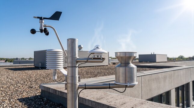 Modern weather station equipment on a rooftop under a clear blue sky with bright sun