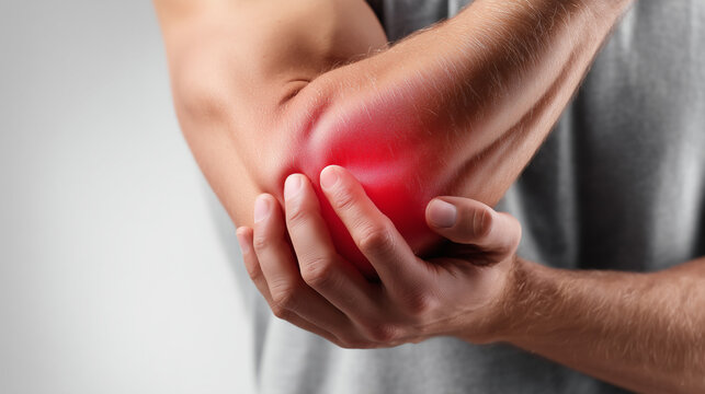 Close-up of hands supporting an inflamed elbow with highlighted pain area. Medical concept of tendon injury, joint inflammation, repetitive strain and orthopedic treatment.