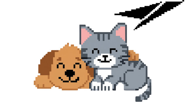 Cute happy dog and cat sitting together pixel art vector illustration