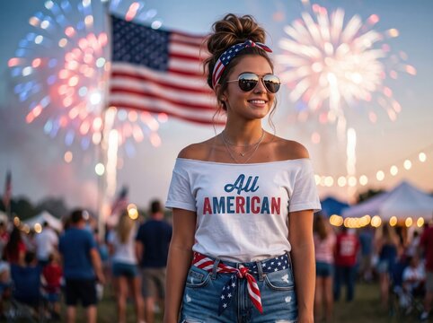 Young woman wearing an all american shirt and patriotic headband standing in front of a large waving united states flag with bright fireworks exploding in the night sky at a summer festival