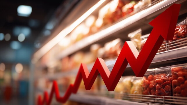 Red upward arrow over supermarket shelves illustrating increasing grocery prices, food inflation, consumer costs, retail economics and rising cost of living.