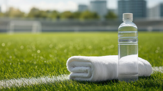 Refreshing sports scene featuring a chilled water bottle with condensation beside a folded towel on green turf. Gentle camera movement emphasizes hydration, fitness, and outdoor exercise.