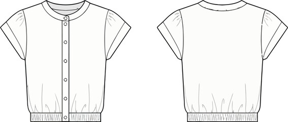Technical fashion sketch of a short sleeve button down cardigan with ribbed hem and round neck design © Mst
