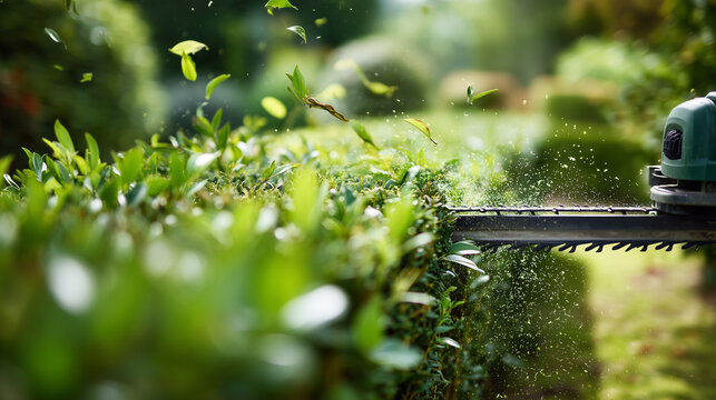 Electric hedge trimmer cutting a green garden hedge as leaves fly through the air. Precise landscaping, garden maintenance and outdoor yard care in slow motion.