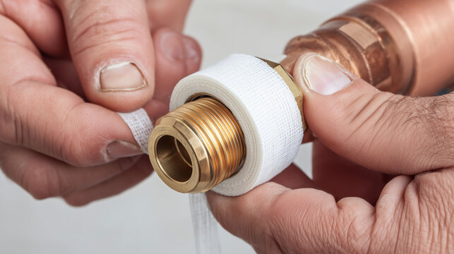 Close-up of plumber wrapping PTFE thread seal tape around a brass pipe fitting before installation. Professional plumbing repair and leak prevention in action.