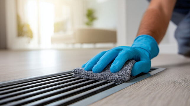 Close-up of gloved hand cleaning a floor air vent with a microfiber cloth. Home maintenance, indoor hygiene, dust removal and household cleaning concept.