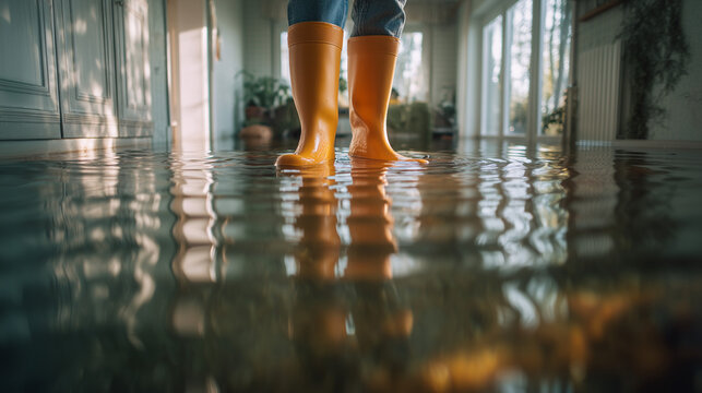 Person wearing rubber boots standing in a flooded home after water damage. Indoor flooding, property insurance, disaster recovery, emergency cleanup and restoration concept.