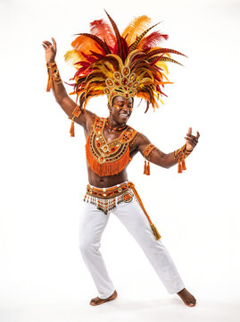 Vibrant carnival capoeira dancer portrait, confident smiling man with closed eyes and joyful expression, wearing an oversized plume headdress in orange and crimson on pure white background