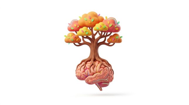 3D rendering of a human brain with a colorful tree growing from the cortex, symbolizing mental growth, knowledge, and creativity, isolated on a white background with stylized foliage.