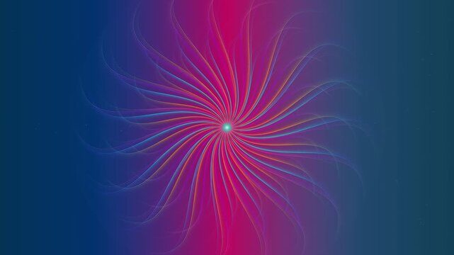 Glowing spiral vortex of colorful radiant light lines spinning in this rhythmic digital motion video footage