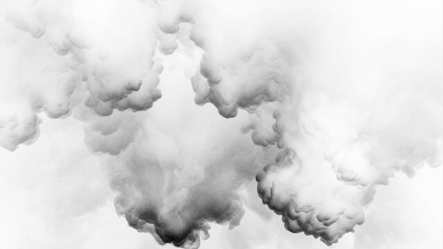 Swirling clouds of grey smoke or ink dissolving in water against a bright white background texture
