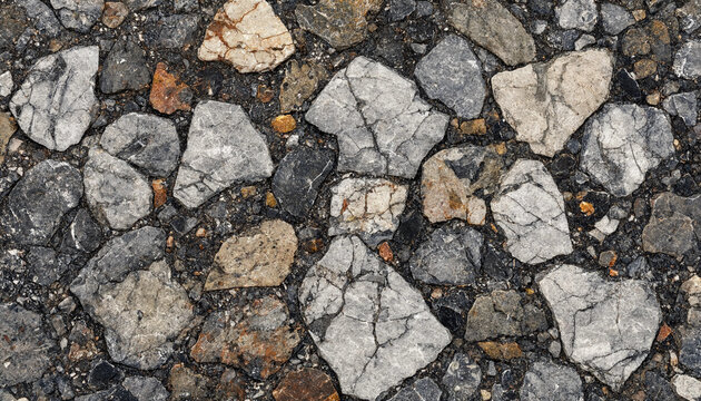 A close-up view of a rough, textured surface composed of various sizes of grey, white, and brown crushed stones and gravel mixed in asphalt