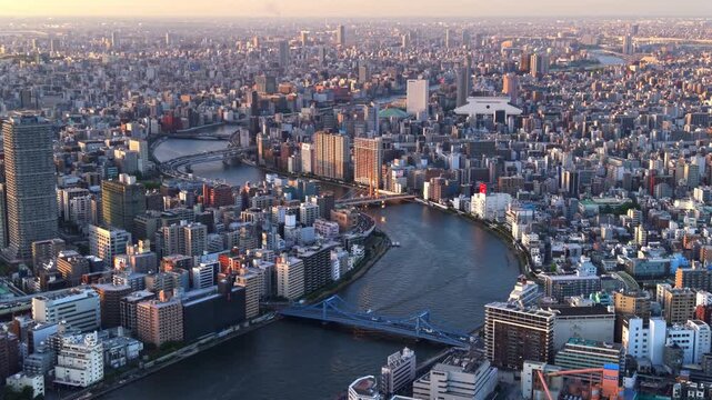 Aerial view of the Sumida River and Tokyo cityscape, Sumida Ward, Central Tokyo, Japan.