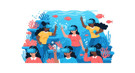 Fototapeta premium Diverse Young Women Exploring Virtual Underwater World with VR Headsets Illustration for Education and Technology