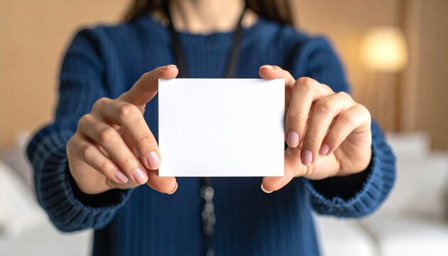 close-up of hands holding a blank white card horizontally. Women wears dark blue ribbed sweater and a thin black lanyard