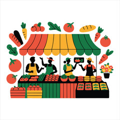 Naklejka premium Colorful outdoor farmers market scene with vendors and fresh produce. Vibrant marketplace showcasing healthy food and local shopping experience.