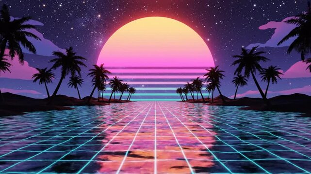 Retro synthwave sunset over palm trees and neon water