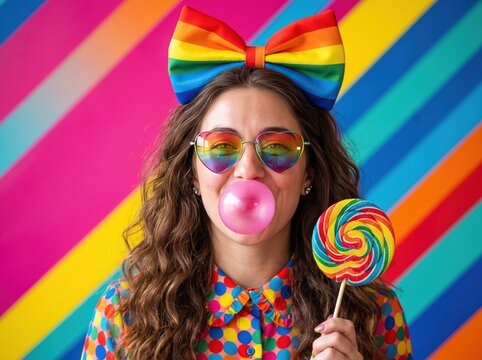 Young woman with long wavy brown hair wearing a large rainbow bow and heart shaped sunglasses blowing a pink bubblegum bubble while holding a colorful swirled lollipop against a diagonal striped
