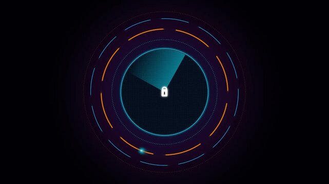 Cyber security digital radar scanner animation with glowing padlock icon for data protection system motion footage