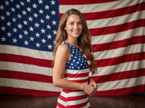 Young woman with long wavy brown hair wearing a sleeveless dress featuring the american flag pattern posing in front of a large hanging united states flag background