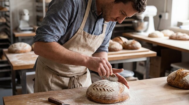 Man scoring bread dough in a bakery for professional baking and presentation