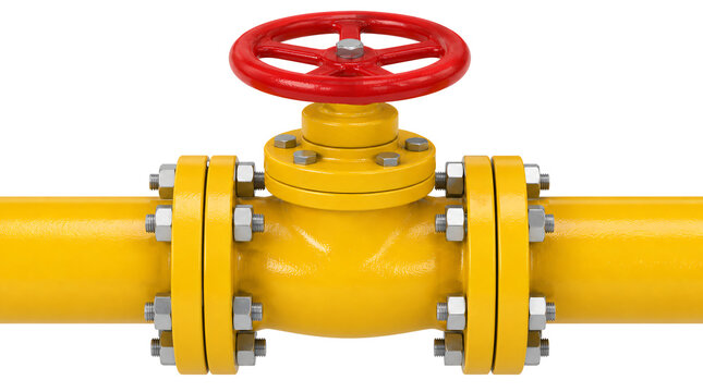 Yellow industrial pipeline with red valve wheel and bolted flanges isolated on transparent background