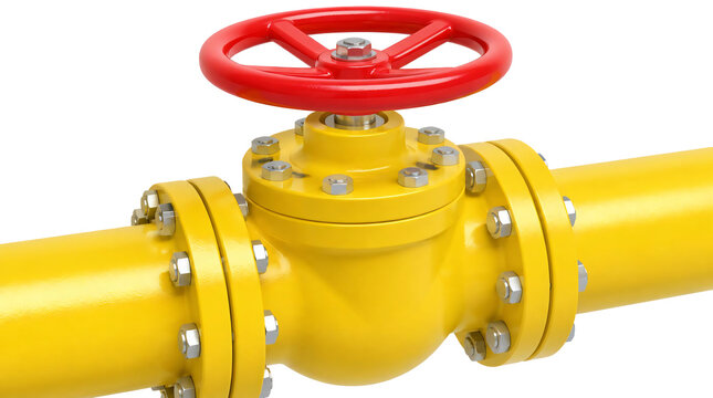 Yellow industrial pipeline with red valve wheel and bolted flanges isolated on transparent background
